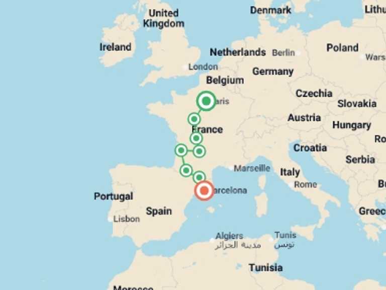 Map itinerary of Barcelona Tour in January 2027 with 8 destination visits for the trip: France and Barcelona