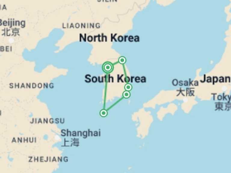 Map itinerary of South Korea Tour in Spring with 5 destination visits for the trip: The Best of South Korea Tour