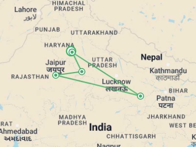 Map of India Art and architecture Tour with 5 destination visits for the trip: Golden Triangle With Sacred Varanasi