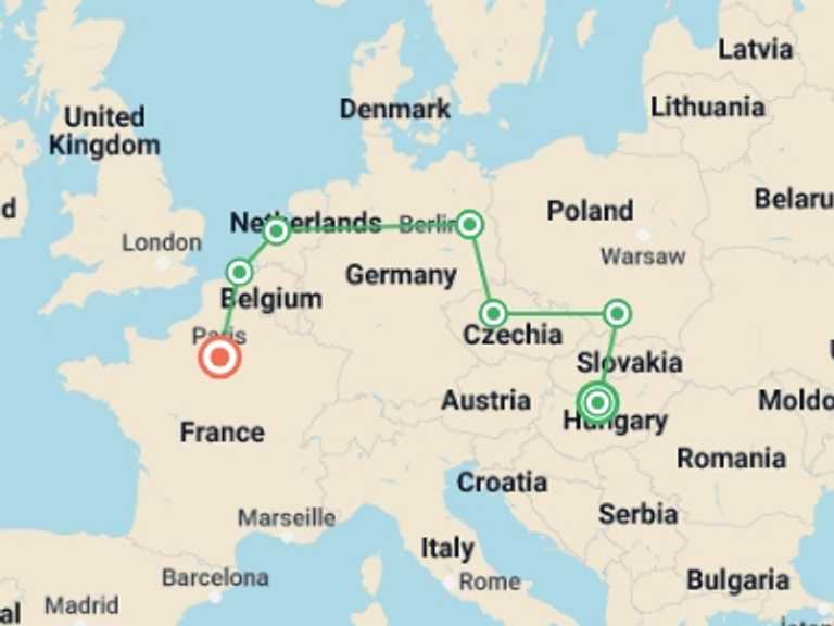 Map of Europe Tour with 7 destination visits for the trip: Budapest to Paris: Bike Tours & Belgian Waffles