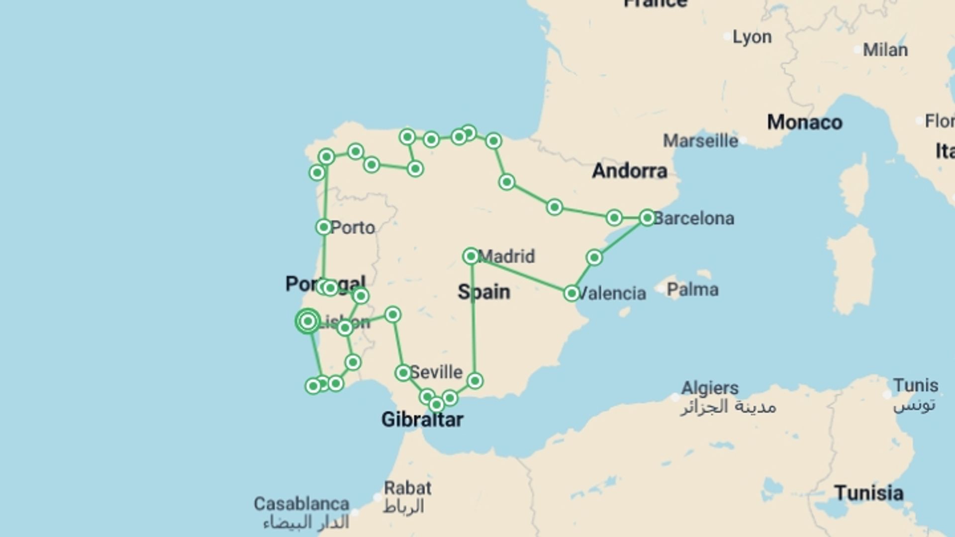 A map showing the tour itinerary for the trip: Iberian Circuit (Without Alhambra), starting in Lisbon, Portugal and ending in Lisbon, Portugal going through 12 other destinations.