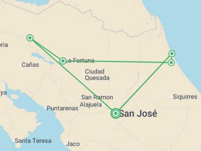 Map of Costa Rica Tour with 5 destination visits for the trip: Costa Rica: Tortuguero, La Fortuna & Rio Celeste