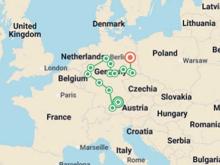 Map of 9-Day Berlin Tour with 7 destination visits for the trip: From Bavaria to Berlin