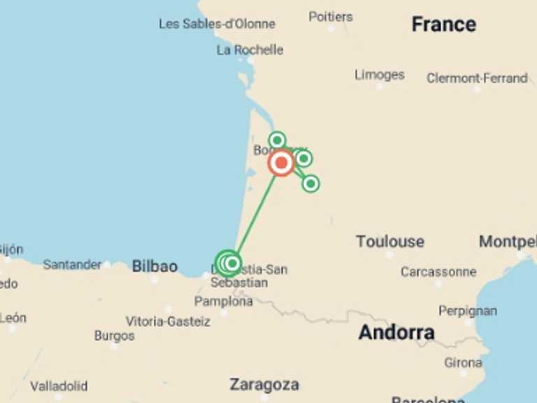 Map of Bordeaux Cruise Tour with 7 destination visits for the trip: From the French Basque Country to Bordeaux - Fine French cuisine at the foot of the Pyrenees and a cruise to discover Bordeaux and its outlying areas (port-to-port cruise)