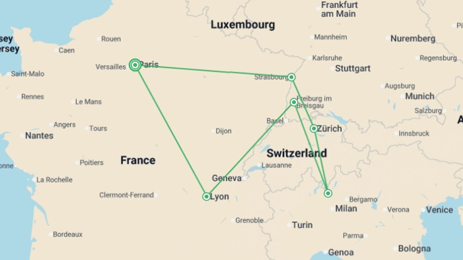 A map showing the tour itinerary for the trip: France and Switzerland with enchanted Alsace, starting in Paris, France and ending in Paris, France going through 5 other destinations.