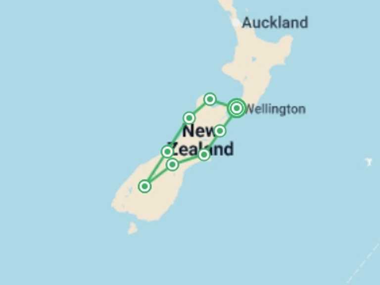 Map of New Zealand Tour with 8 destination visits for the trip: New Zealand: South Island Encompassed