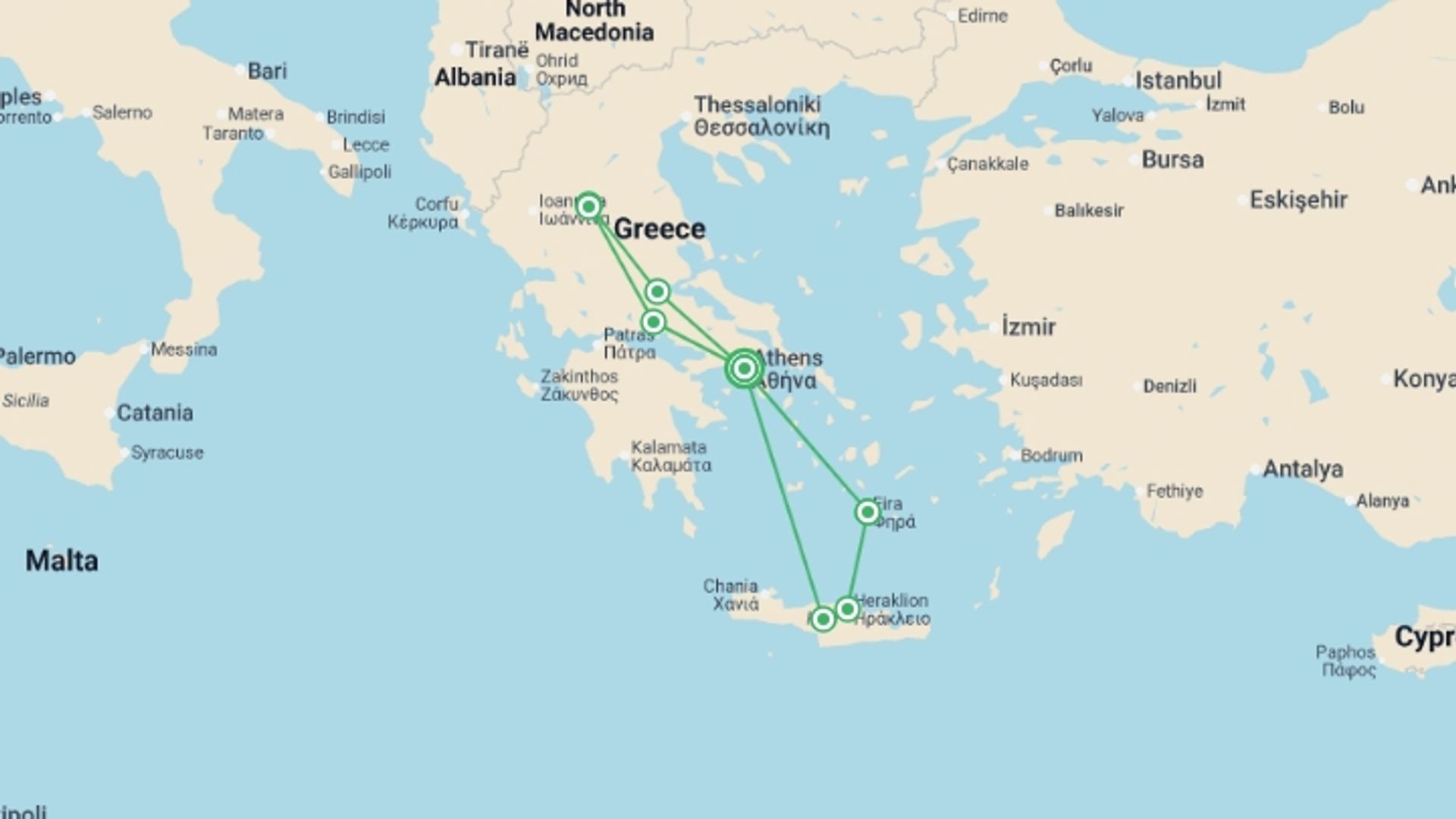 A map showing the tour itinerary for the trip: Best of Greece Explorer - 10 days, starting in Athens, Greece and ending in Athens, Greece going through 4 other destinations.