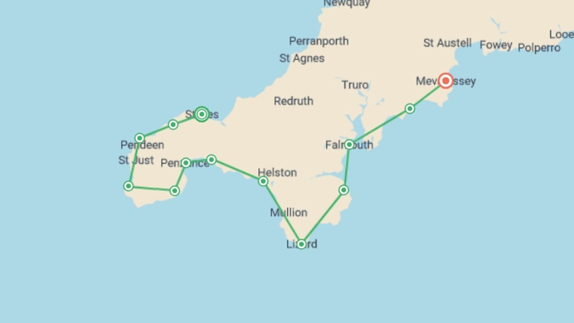 A map showing the tour itinerary for the trip: South West Coast Path: St Ives to Mevagissey - 13 Days, starting in St Ives, England and ending in Mevagissey, England going through 12 other destinations.