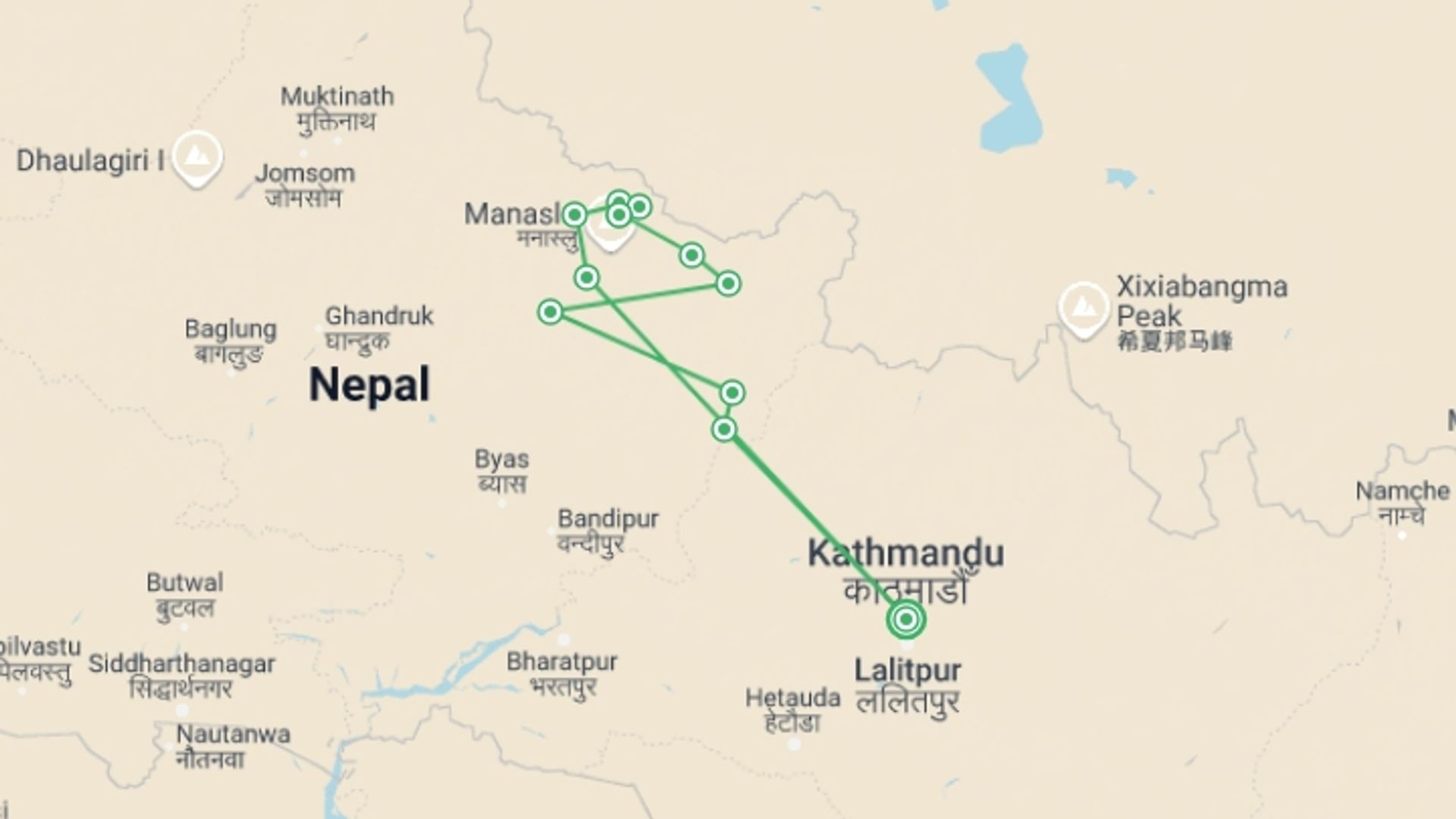 A map showing the tour itinerary for the trip: Manaslu Trek - 12 Days, starting in Kathmandu, Nepal and ending in Kathmandu, Nepal going through 11 other destinations.