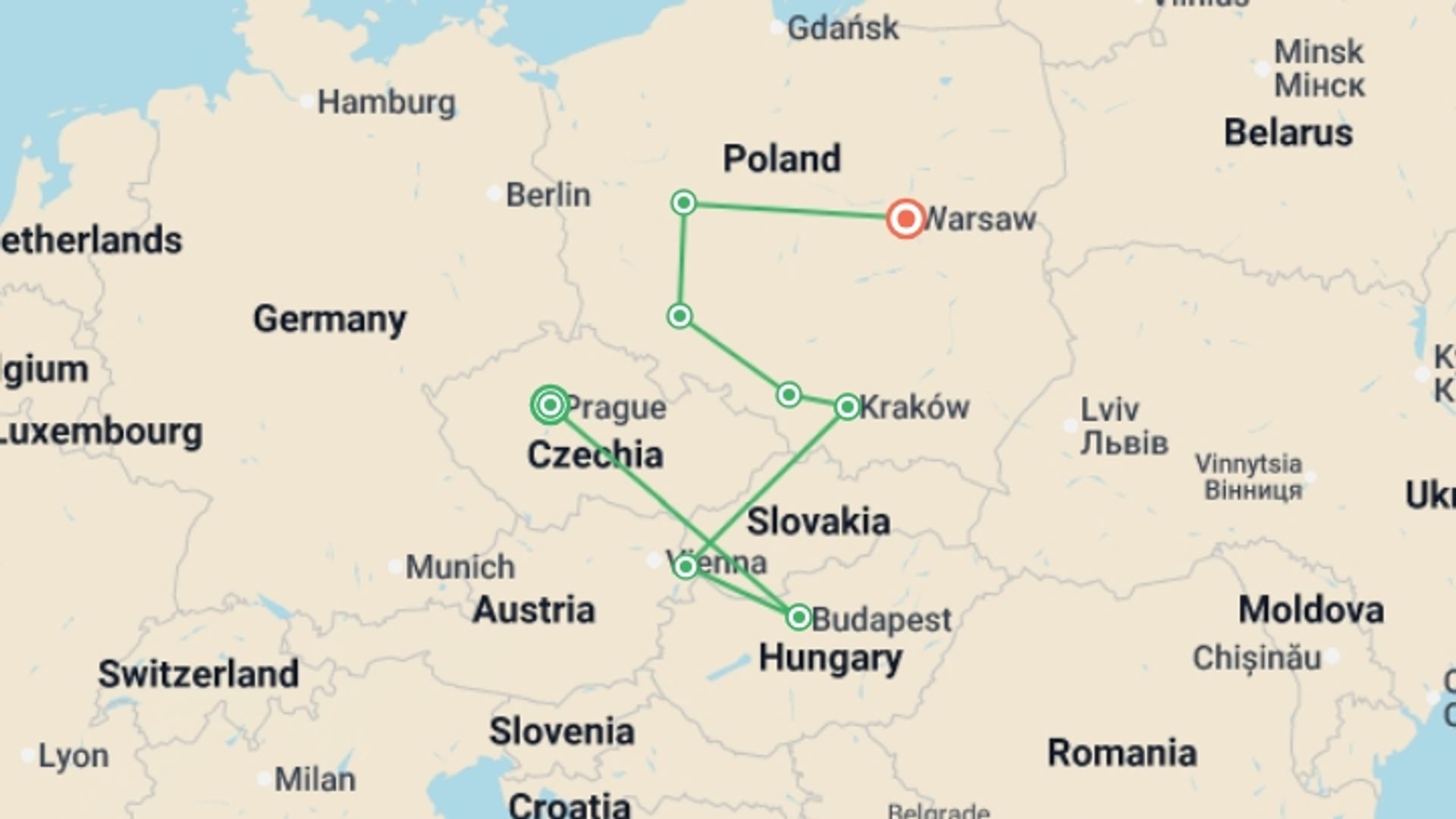 A map showing the tour itinerary for the trip: Czech Republic, Budapest, and Heart of Poland, starting in Prague, Czech Republic and ending in Warsaw, Poland going through 4 other destinations.