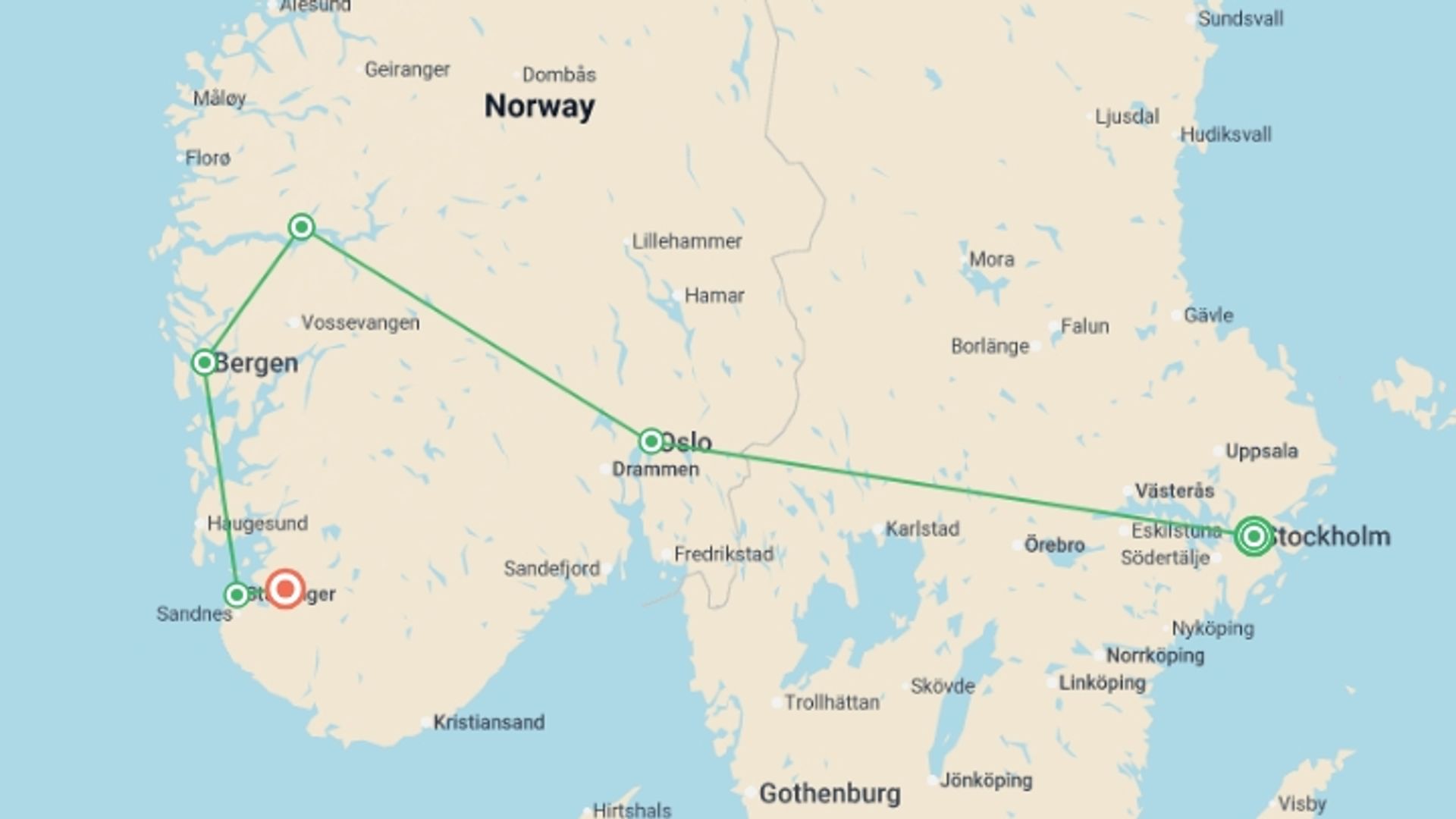 A map showing the tour itinerary for the trip: Magic of the Fjords Stockholm to Stavanger - 11 days, starting in Stockholm, Sweden and ending in Lysefjord , Norway going through 5 other destinations.