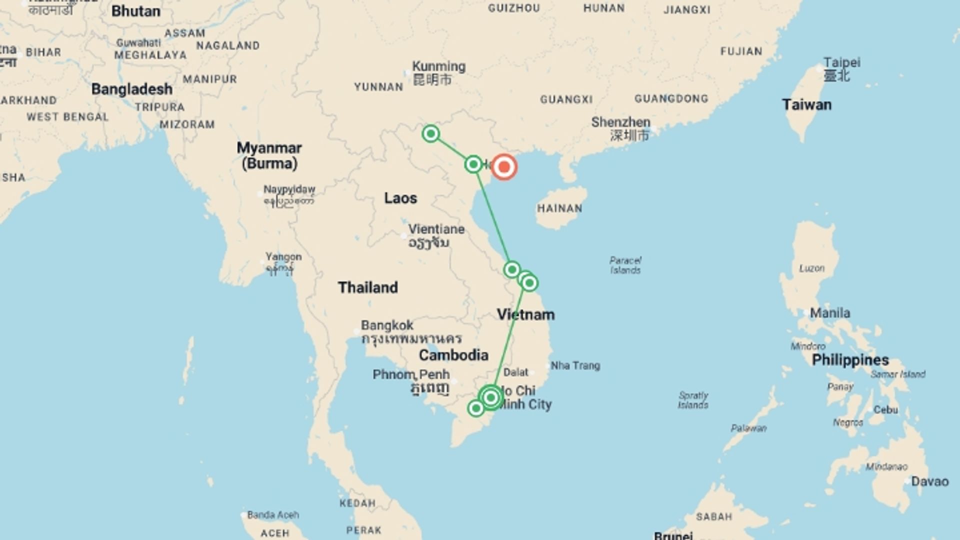 A map showing the tour itinerary for the trip: Vietnam In-Depth, starting in Ho Chi Minh City, Vietnam and ending in Halong Bay, Vietnam going through 6 other destinations.