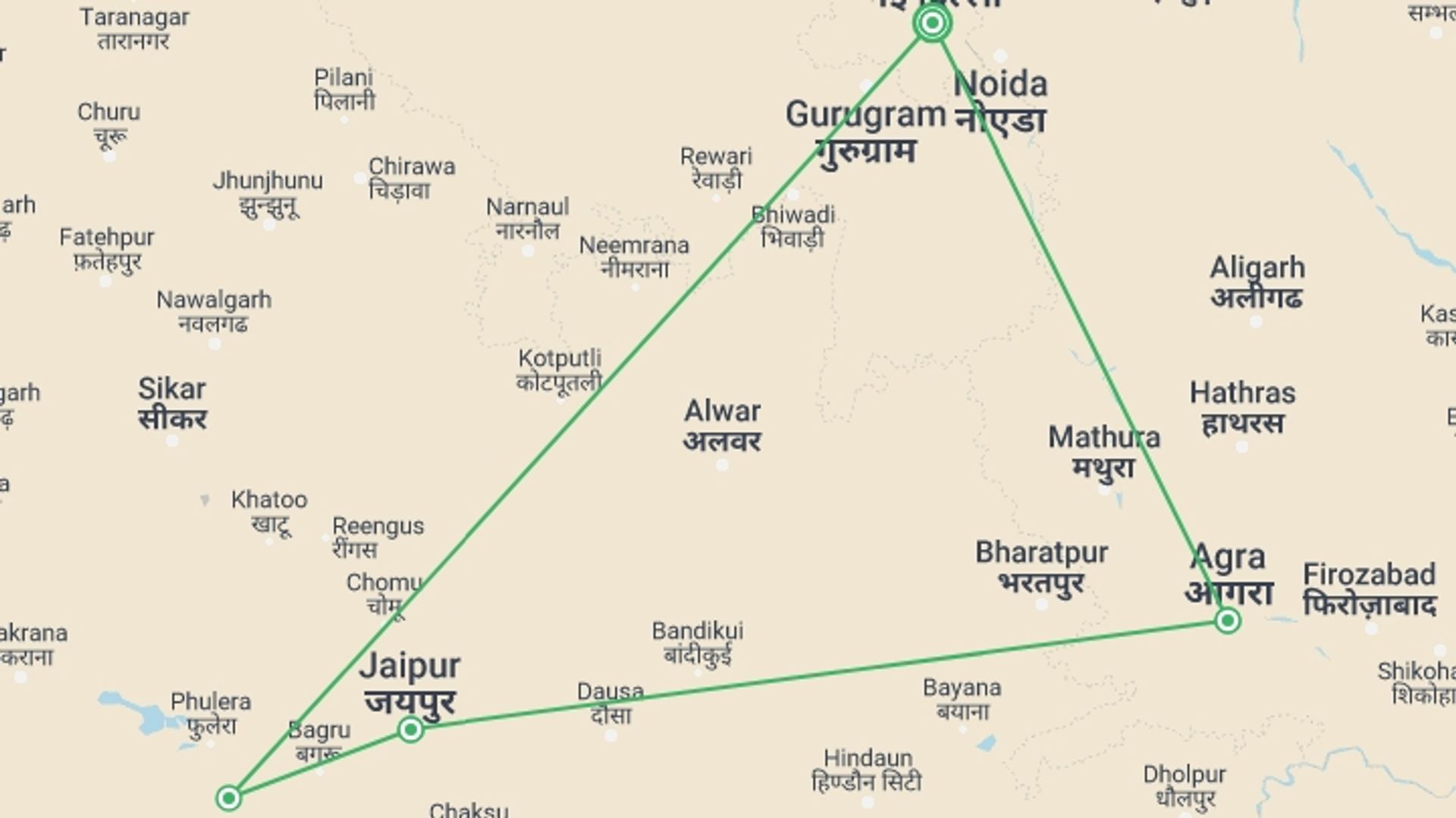 A map showing the tour itinerary for the trip: Journeys: North India Highlights, starting in New Delhi, India and ending in New Delhi, India going through 3 other destinations.