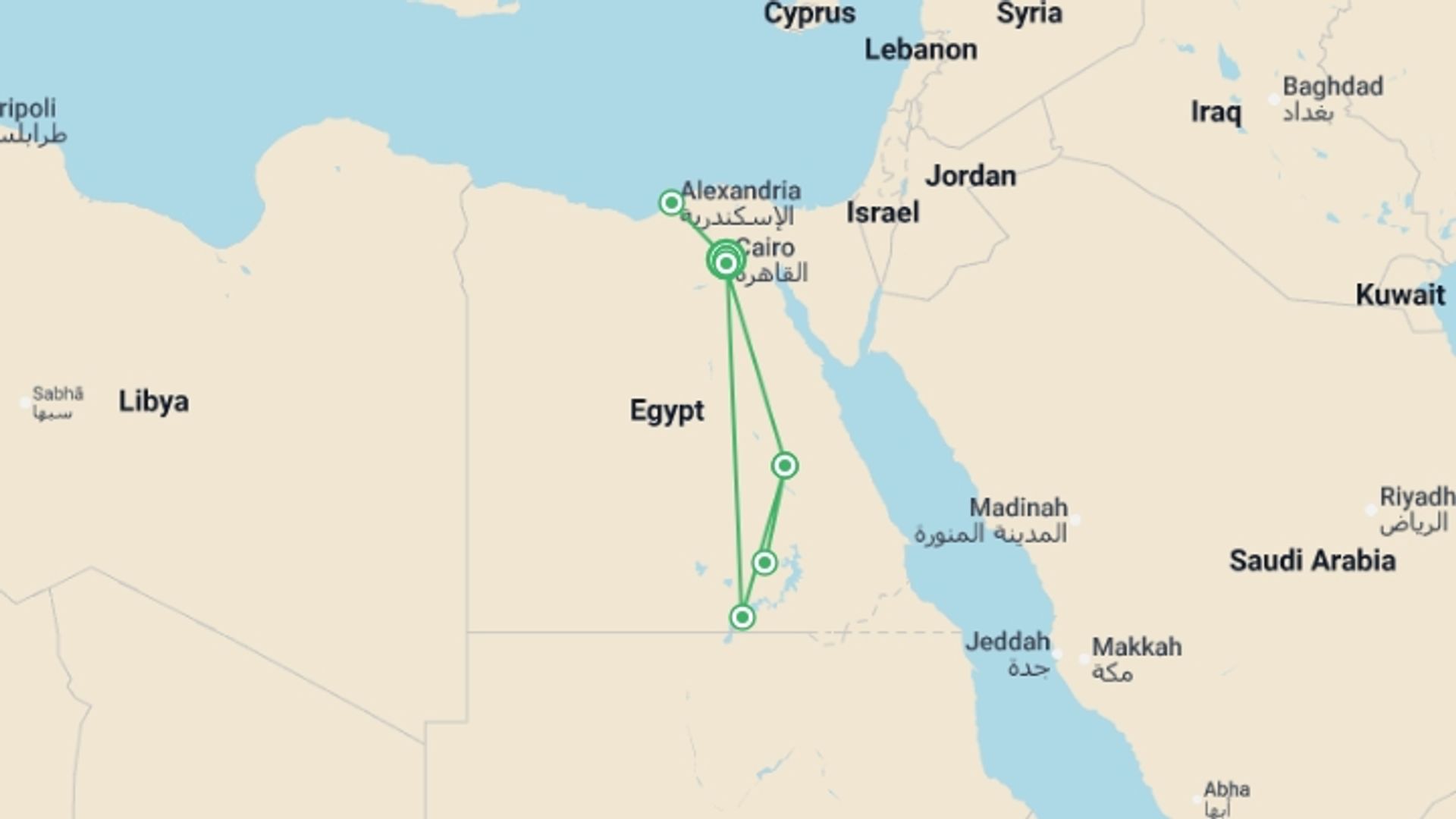 A map showing the tour itinerary for the trip: Highlights of Egypt, starting in Cairo, Egypt and ending in Cairo, Egypt going through 5 other destinations.