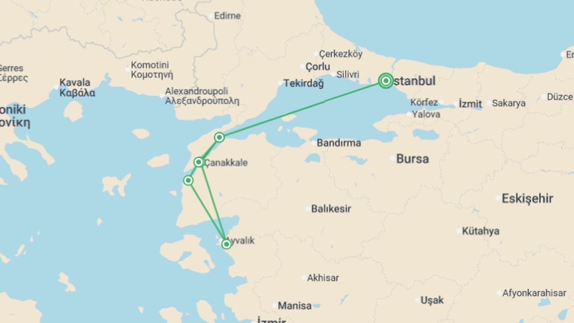 A map showing the tour itinerary for the trip: ANZAC Day Gallipoli Tour - 6 days, starting in Istanbul, Turkey and ending in Istanbul, Turkey going through 2 other destinations.