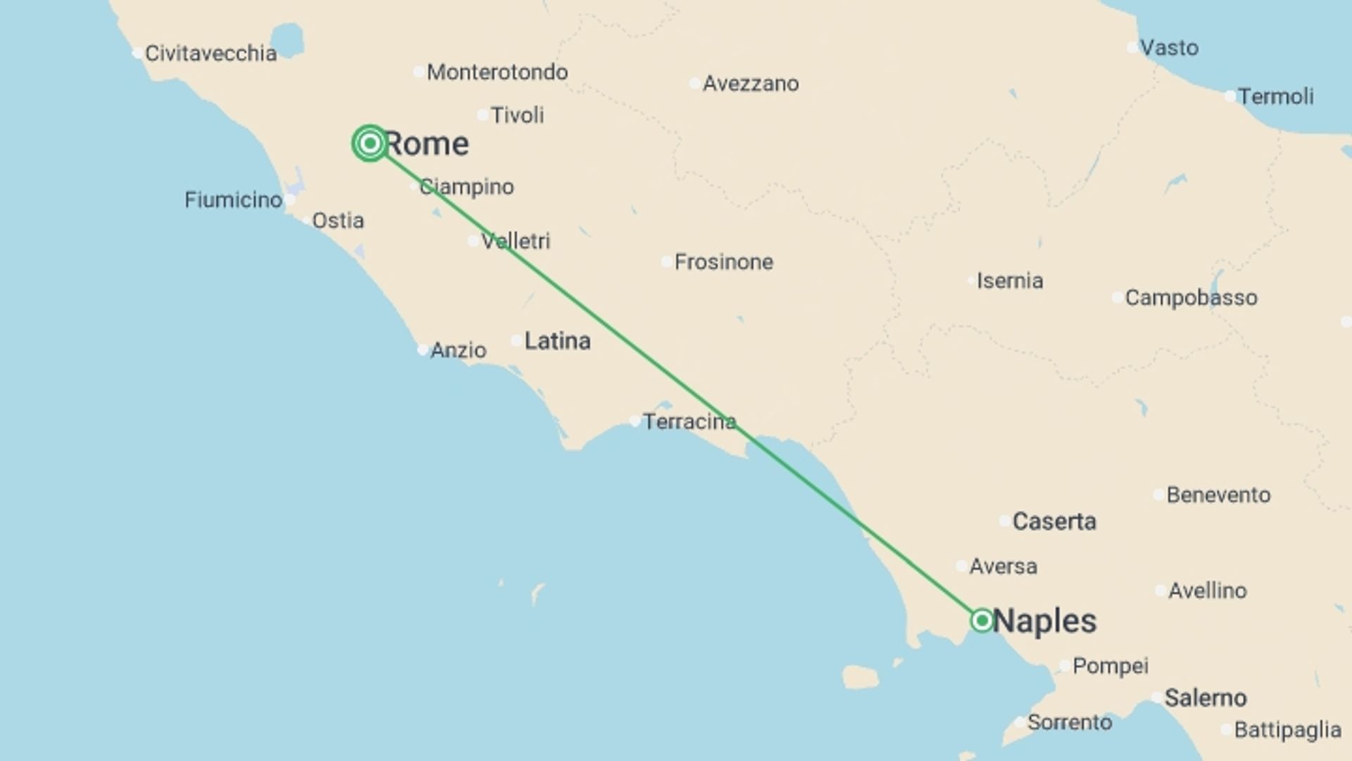 A map showing the tour itinerary for the trip: Beautiful Campania, starting in Rome, Italy and ending in Rome, Italy going through 1 other destinations.
