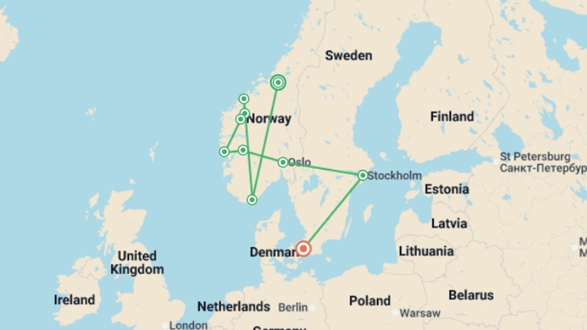 A map showing the tour itinerary for the trip: The beautiful Norway and Nordic Capitals, starting in Trondheim, Norway and ending in Copenhagen, Denmark going through 5 other destinations.