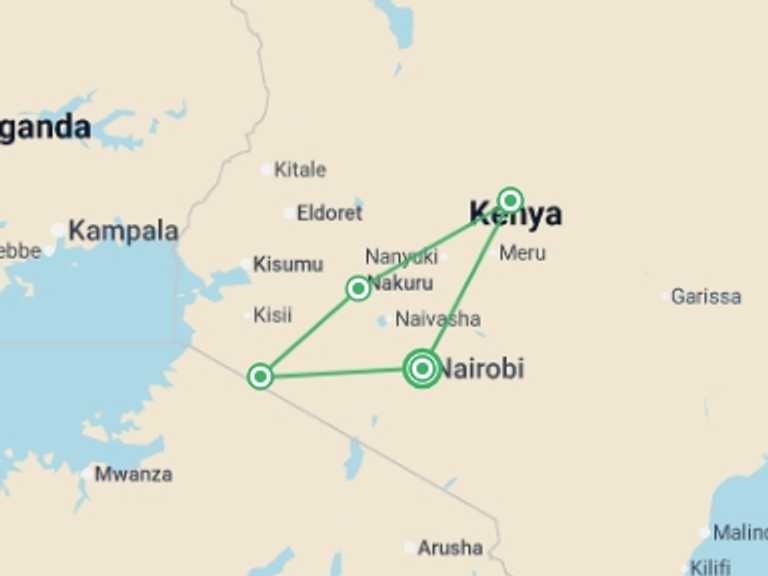 Map of Africa Tour with 4 destination visits for the trip: Kenya Highlights, Private Tour
