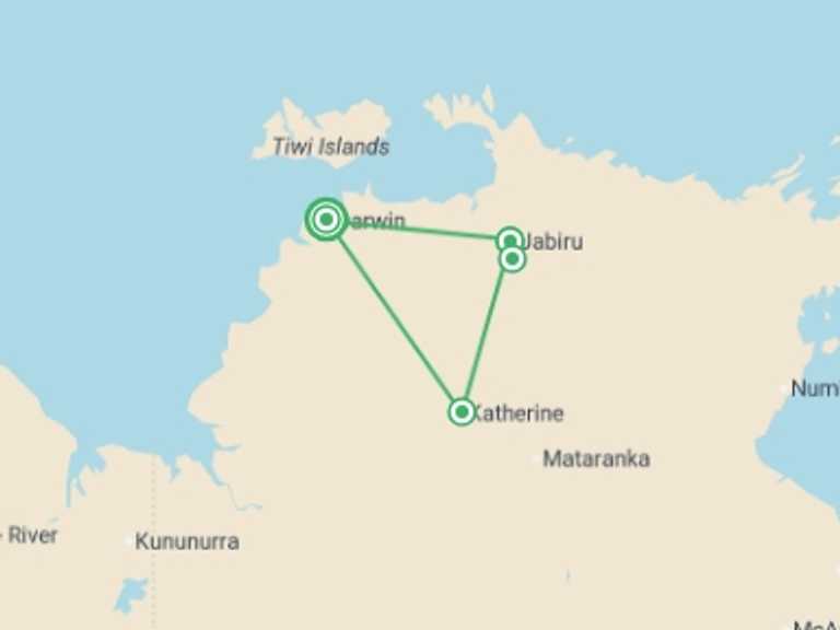 Map itinerary of Australia Tour in October 2026 with 3 destination visits for the trip: Darwin to Katherine Discovery - 4 days