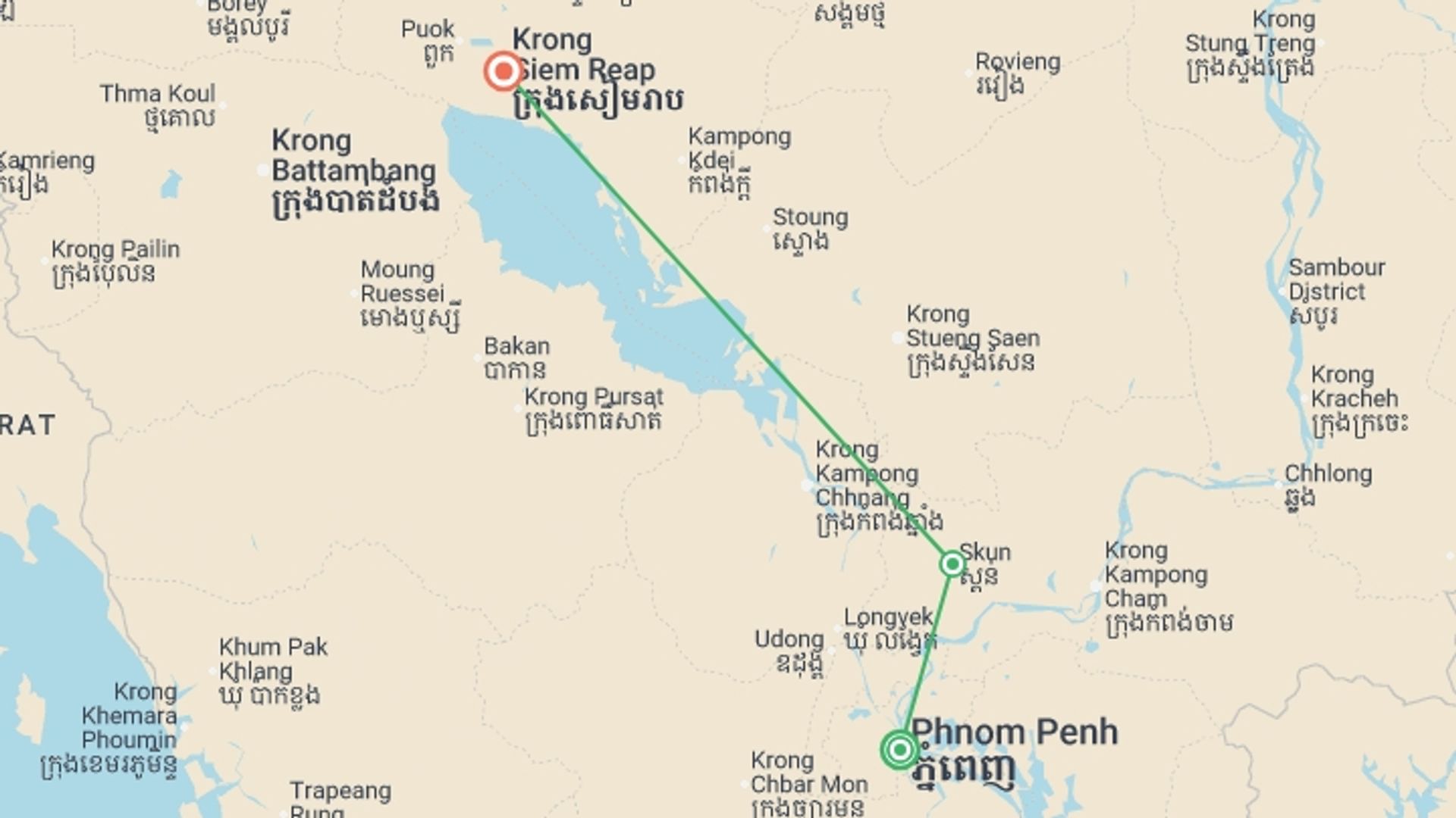 A map showing the tour itinerary for the trip: Best of Cambodia - 6 days, starting in Phnom Penh, Cambodia and ending in Siem Reap, Cambodia going through 1 other destinations.