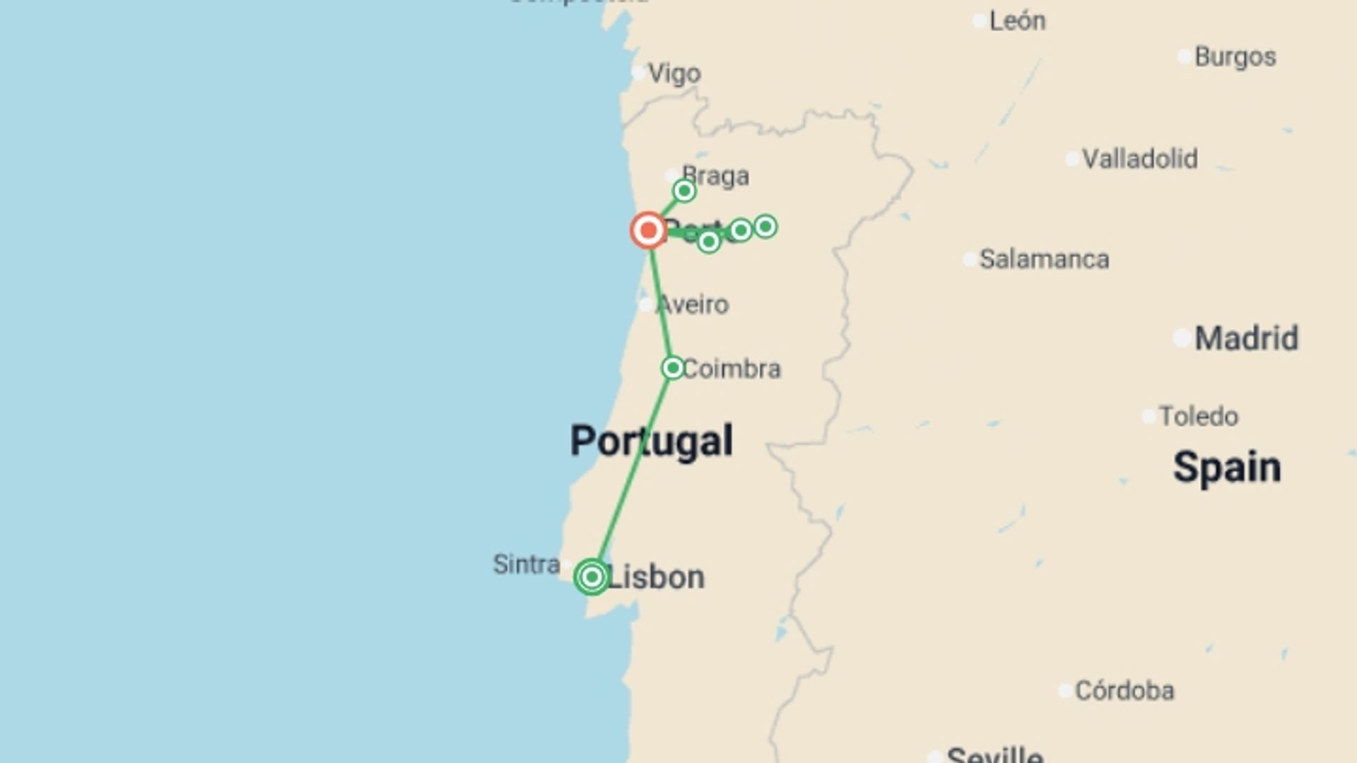 A map showing the tour itinerary for the trip: Discover Lisbon, Porto and the Douro Valley (port-to-port cruise), starting in Lisbon, Portugal and ending in Porto, Portugal going through 2 other destinations.