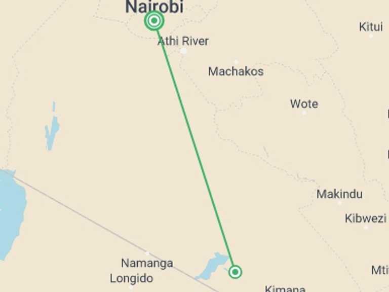 Map itinerary of Kenya Tour in Winter with 2 destination visits for the trip: 3 Days Amboseli Safari (Kili Base Tour)