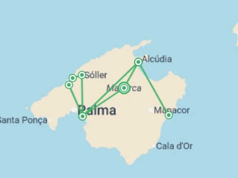 Map itinerary of Mediterranean Tour in July 2026 with 4 destination visits for the trip: Mallorca Highlights, Self-drive