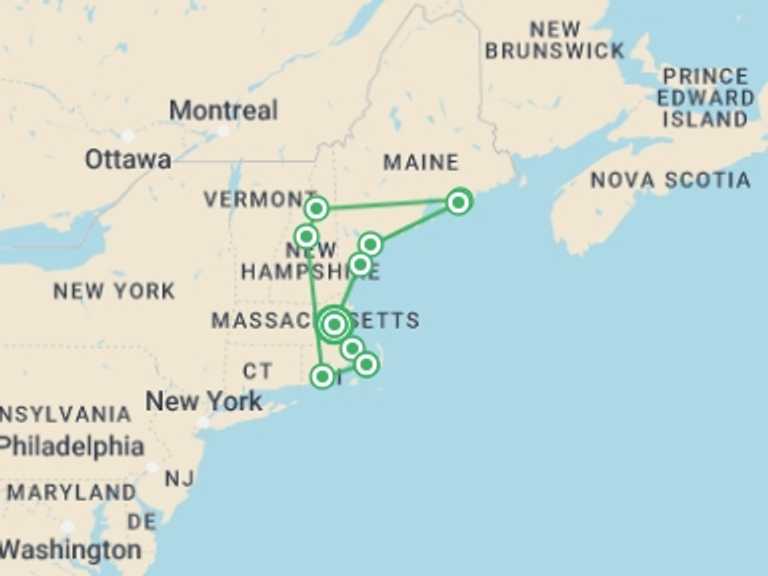 Map of Boston City sightseeing Tour with 8 destination visits for the trip: Colours of New England