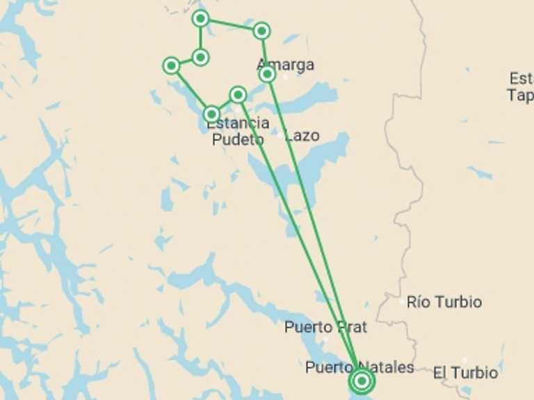Map itinerary of Chile Tour in March 2026 with 9 destination visits for the trip: Full Circuit Patagonia - Torres del Paine - 'O' Route