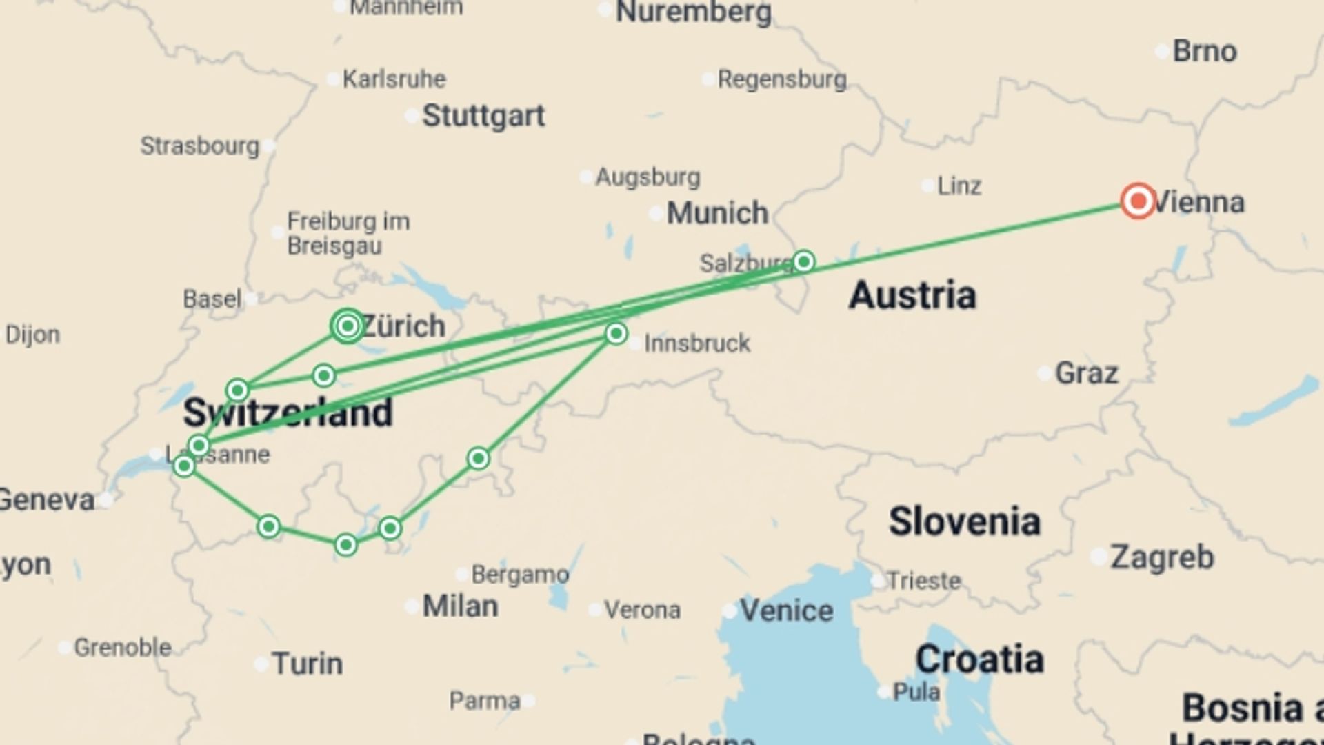 A map showing the tour itinerary for the trip: Wonders of Switzerland & Austria, starting in Zurich, Switzerland and ending in Vienna, Austria going through 8 other destinations.