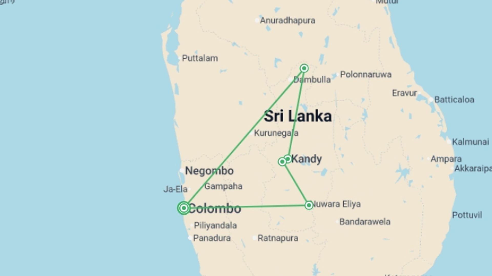 A map showing the tour itinerary for the trip: Best of Sri Lanka Highlights Tour, starting in Colombo, Sri Lanka and ending in Colombo, Sri Lanka going through 5 other destinations.