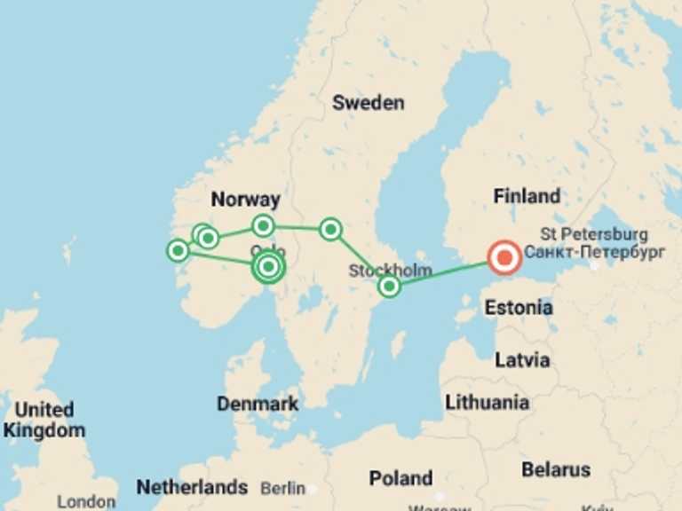 Map of 15-Day Europe Tour with 8 destination visits for the trip: Scandinavia Explorer