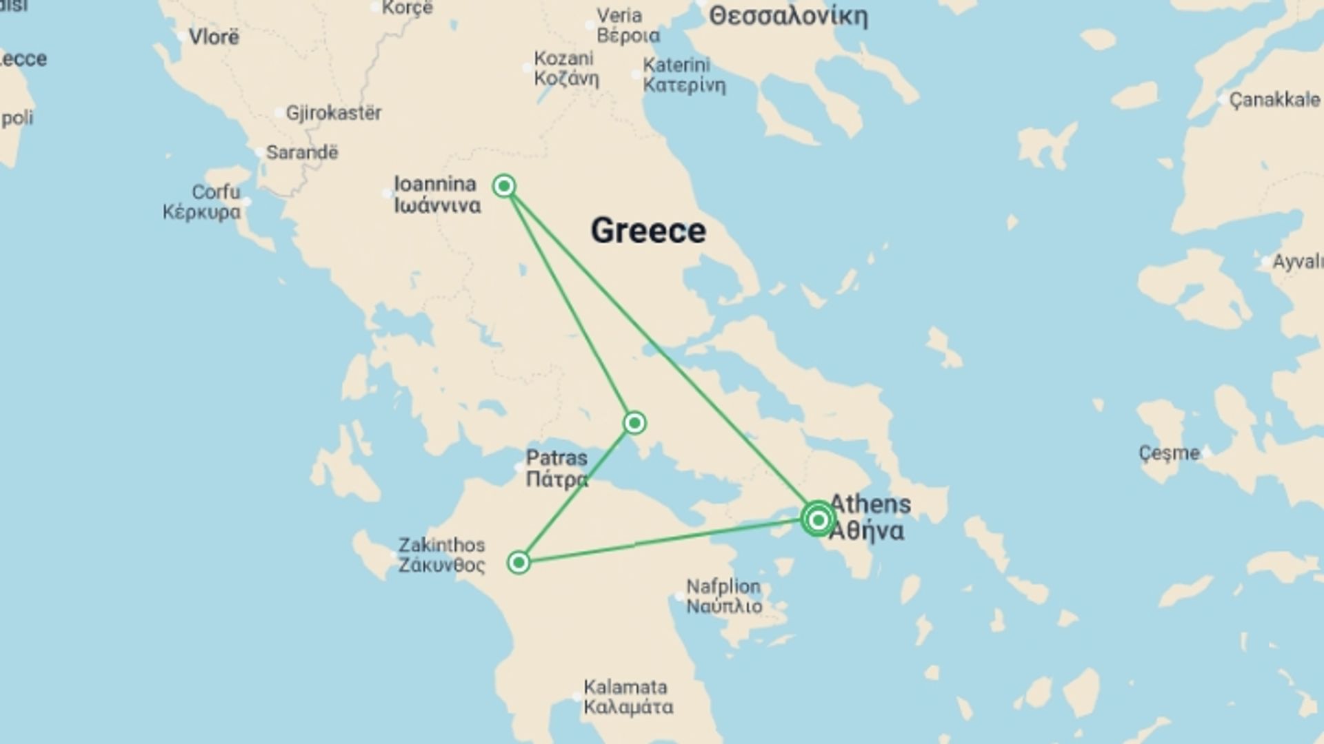 A map showing the tour itinerary for the trip: Classical Greece, Italian-speaking Guide, starting in Athens, Greece and ending in Athens, Greece going through 4 other destinations.