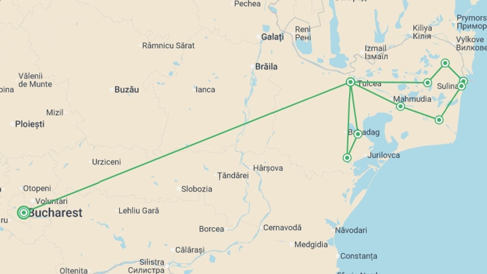 A map showing the tour itinerary for the trip: Danube Delta By Bike & Boat, starting in Bucharest, Romania and ending in Bucharest, Romania going through 4 other destinations.