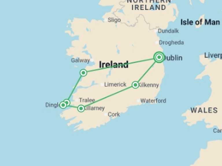 Map itinerary of Europe Tour in October 2026 with 6 destination visits for the trip: South Ireland Discovery - 6 days