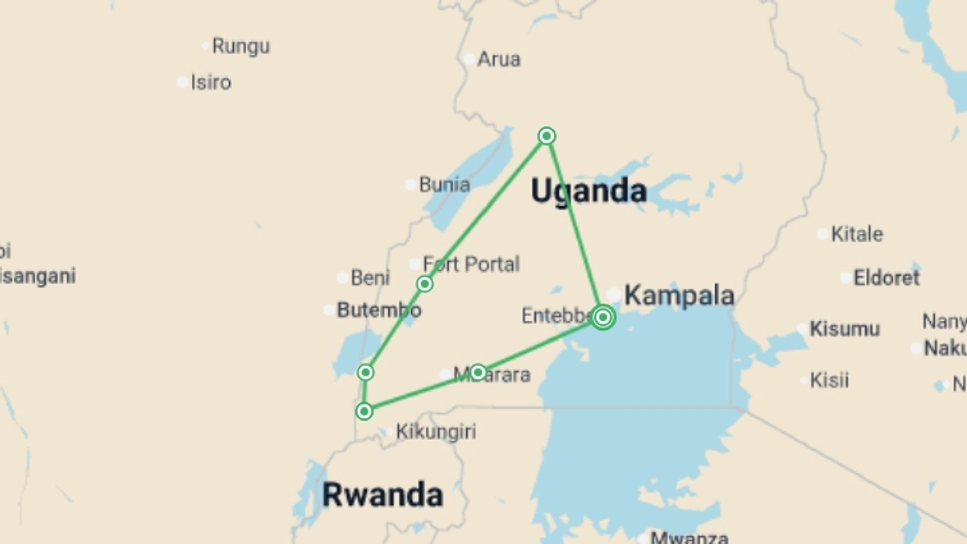 A map showing the tour itinerary for the trip: 10-Day Safari Holiday in Uganda Including Gorilla Trek, starting in Entebbe, Uganda and ending in Entebbe, Uganda going through 7 other destinations.