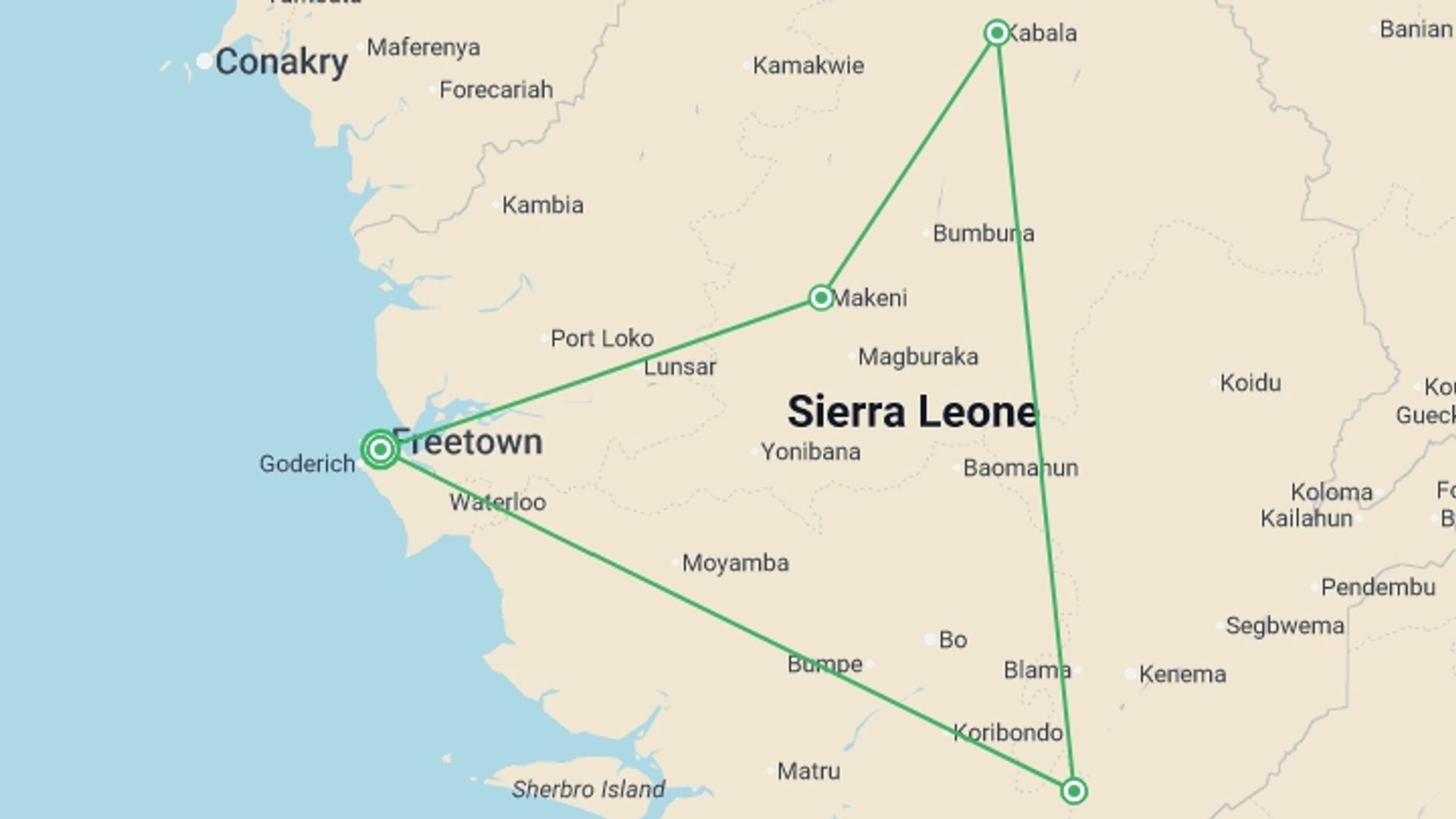 A map showing the tour itinerary for the trip: Sierra Leone Encounters, starting in Freetown, Sierra leone and ending in Freetown, Sierra leone going through 3 other destinations.
