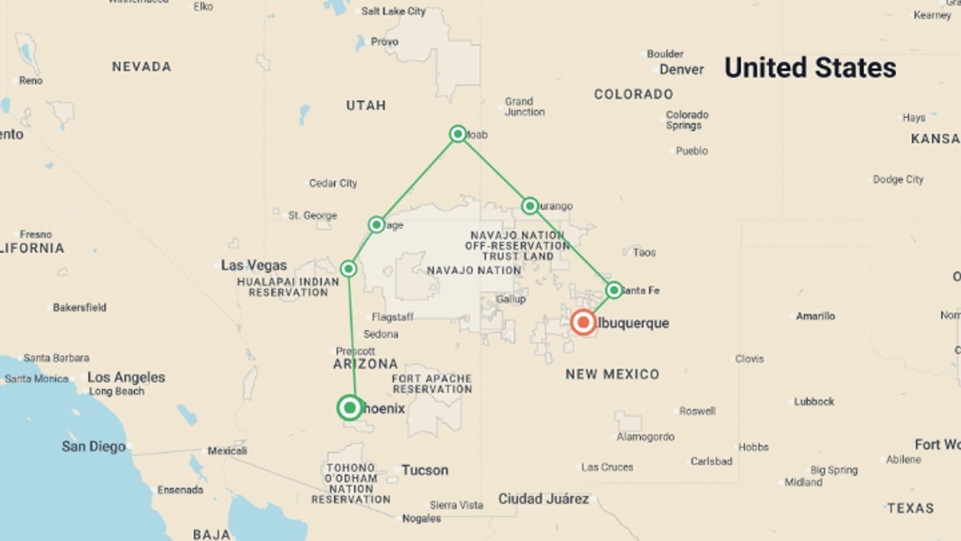 A map showing the tour itinerary for the trip: Colourful Trails of the Southwest, starting in Phoenix, USA and ending in Albuquerque, USA going through 6 other destinations.