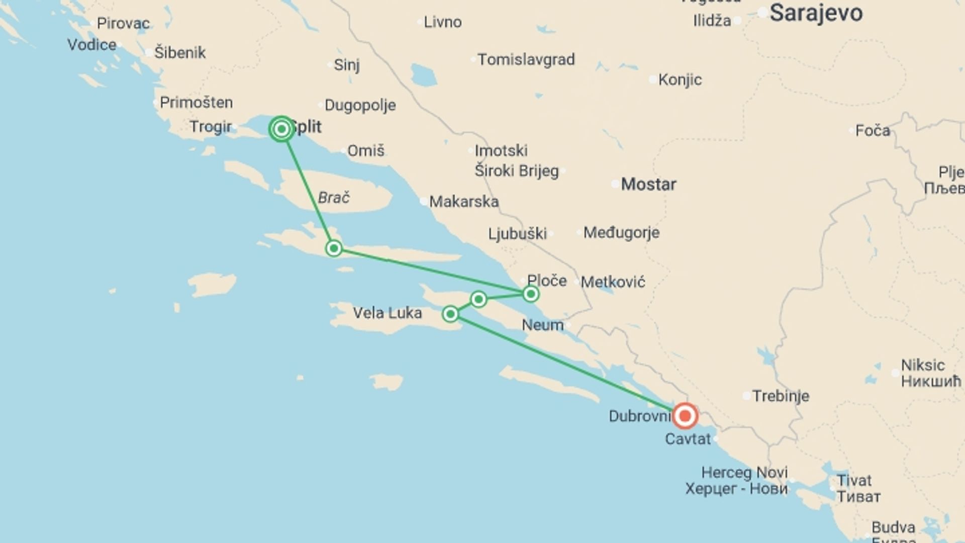 A map showing the tour itinerary for the trip: Croatian Coastal Cruising - Split to Dubrovnik (Aurora), starting in Split, Croatia and ending in Dubrovnik, Croatia going through 4 other destinations.