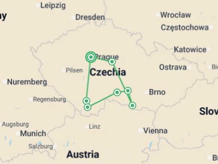 Map of Europe Tour with 3 destination visits for the trip: Czechia UNESCO Tour – 6 UNESCO Sites in 6 Day