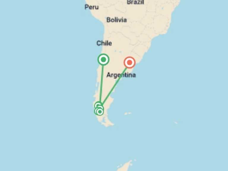 Map of Argentina and Chile Tour with 12 destination visits for the trip: Classic Patagonia Treks