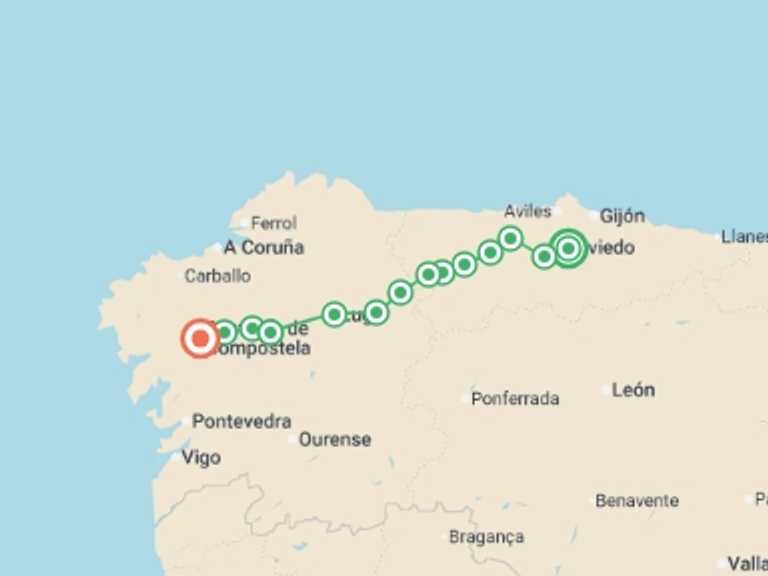 Map of a Explorer Tour with 14 destination visits for the trip: Camino de Santiago From Oviedo - 16 days