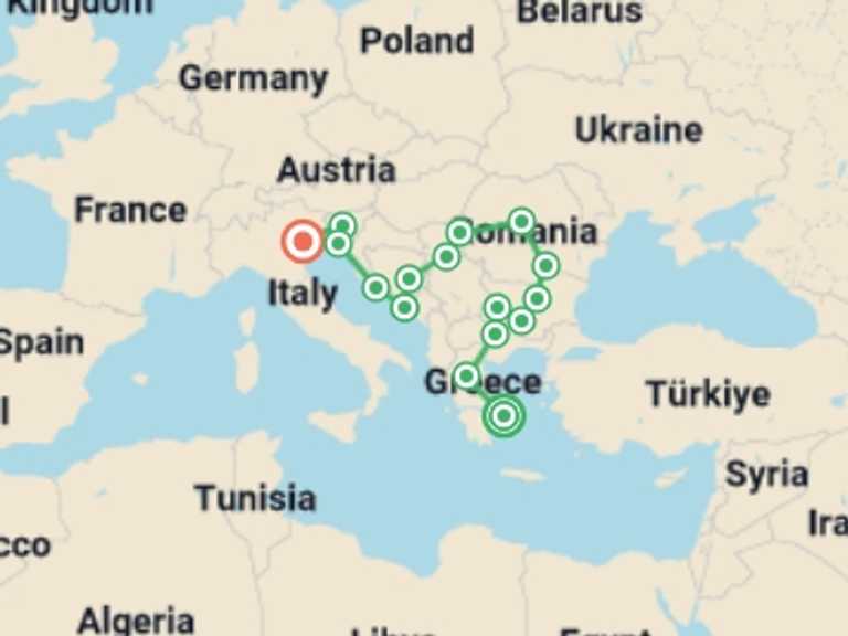 Map itinerary of Europe Tour in Winter with 16 destination visits for the trip: Odyssey From Athens to Venice - 20 days