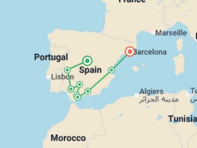 Map itinerary of Spain Tour in March 2027 with 7 destination visits for the trip: Essence of Espana - 7 days
