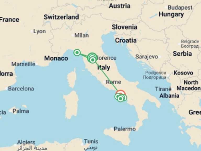Map itinerary of Europe Tour in Fall with 9 destination visits for the trip: Tuscany to the Amalfi Coast: Italy by Land & Sea