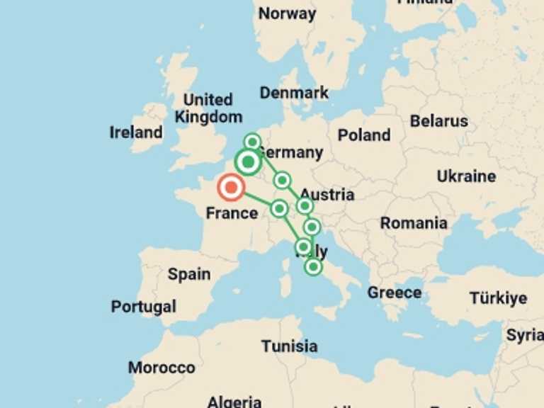 Map itinerary of Mediterranean Tour in January 2027 with 10 destination visits for the trip: European Whirl