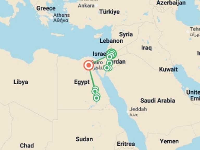 Map itinerary of Asia Tour in August 2026 with 9 destination visits for the trip: Jordan and Egypt with Nile Cruise
