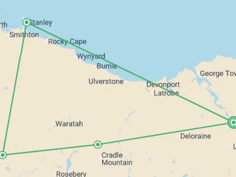 Map itinerary of Oceania Tour in September 2027 with 4 destination visits for the trip: Best of Tasmania's Tarkine & Cradle Mountain