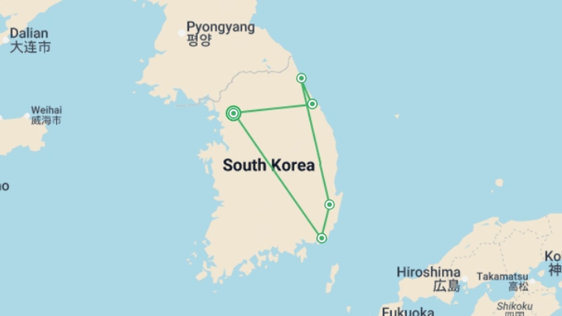 A map showing the tour itinerary for the trip: Cycle South Korea, starting in Seoul, South Korea and ending in Seoul, South Korea going through 4 other destinations.