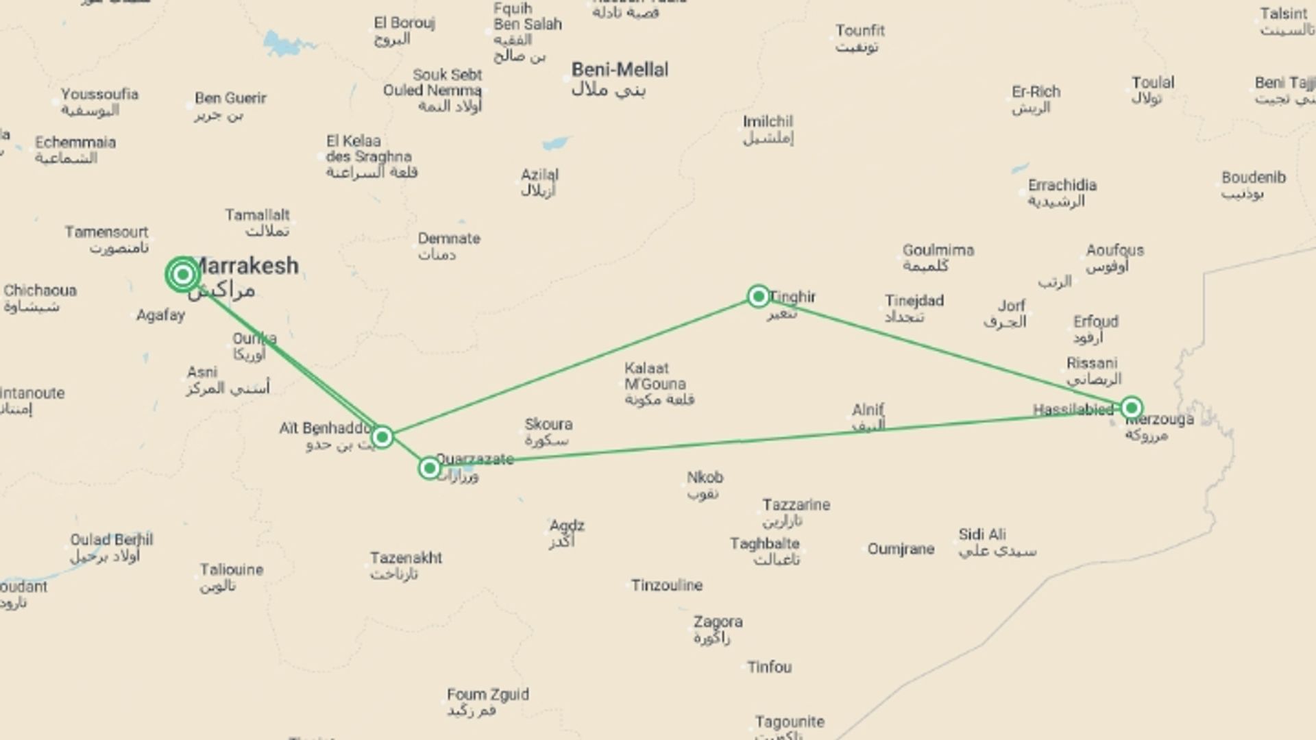 A map showing the tour itinerary for the trip: Morocco Adventure For Teenagers - 8 days, starting in Marrakech, Morocco and ending in Marrakech, Morocco going through 4 other destinations.